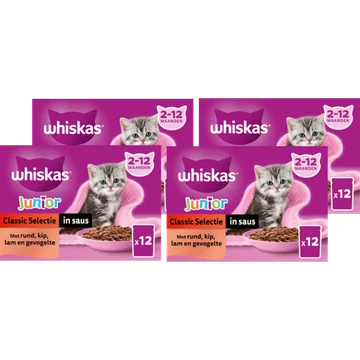 Whiskas Kattenvoer Junior - Classic selectie in saus - 4 x 12 maaltijdzakjes