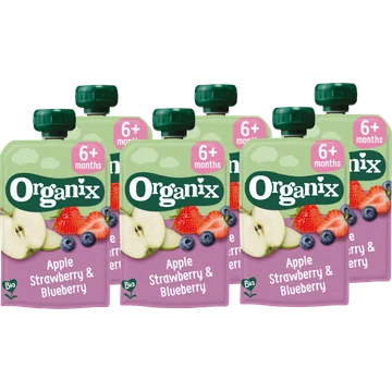 6 x Organix Knijpfruit Appel, Aardbei & Bosbes 6+m