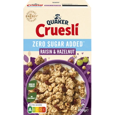 Quaker Cruesli raisin hazelnut zero sugar added