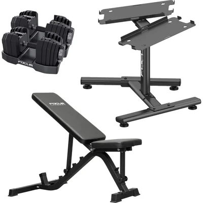 Focus Fitness Dumbbells 2x + trainingsbank + standaard