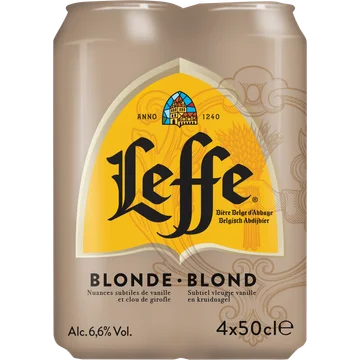 Leffe Belgisch Abdijbier Blond Subtiel Vleugje Vanille en Kruidnagel Blikken 4 x 50 cl