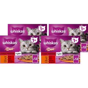 Whiskas 1+ Kattenvoer - Duo Classic Variaties in Gelei - 4 x 12 Maaltijdzakjes