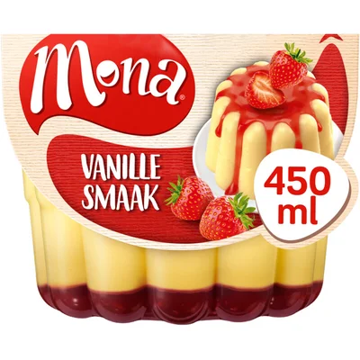Mona Vanillepudding met aardbeiensaus