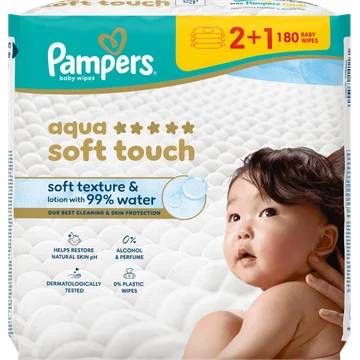 Pampers Aqua Soft Touch Babydoekjes, 180 Doekjes