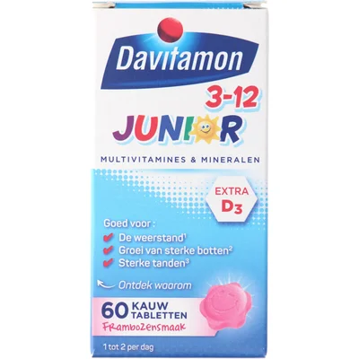 Davitamon Junior 3-12 kauwvitamines framboos, 60 stuks
