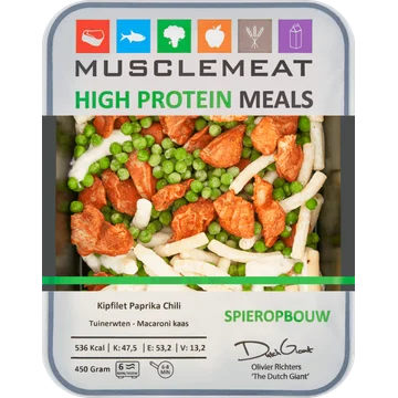 Muscle Meat High Protein Meals Kipfilet Paprika Chili Tuinerwten - Macaroni Kaas Spieropbouw 450 g
