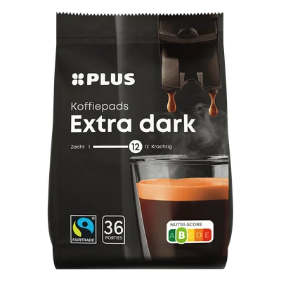 PLUS Koffiepads extra dark Fairtrade Zak 36 st
