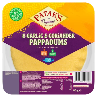 Patak's Pappadums Knoflook &amp; Koriander Wikkel 80 g
