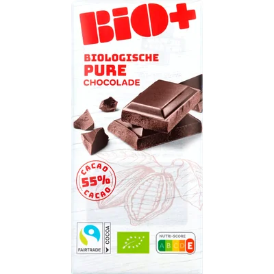 BIO+ Chocoladereep puur 55% cacao fairtrade Wikkel 100 g