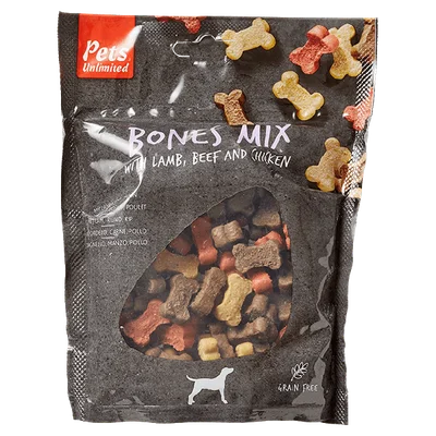Pets Unlimited Bones Mix Lam Rund Kip Zak 150 g