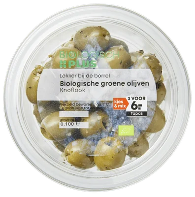 Biologisch PLUS Olijven knoflook biologisch Bakje 100 g
