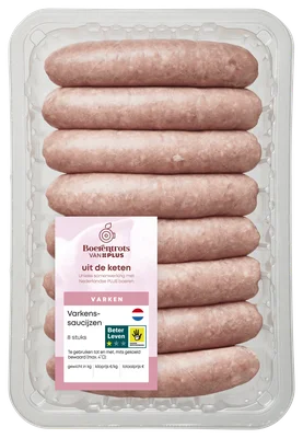 PLUS Boerentrots Varkenssaucijzen 8 st Tray 800 g
