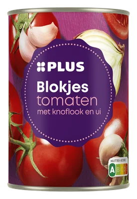 PLUS Tomatenblokjes met knoflook en ui Blik 400 g