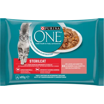Purina One Sterilcat Mini-Filets in Jus met Zalm en Wortelen, 4 x 85g