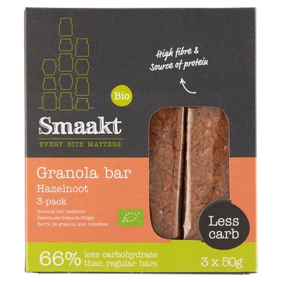 Smaakt Less Carb Bar Hazelnoot Speciaal bio Doos 3 st