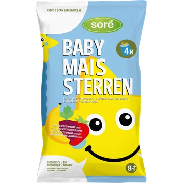 Soré Baby Mais Sterren Biologisch Tussendoortje Aardbei/Biet/Banaan Smaak 8m+ 4 x 15 g
