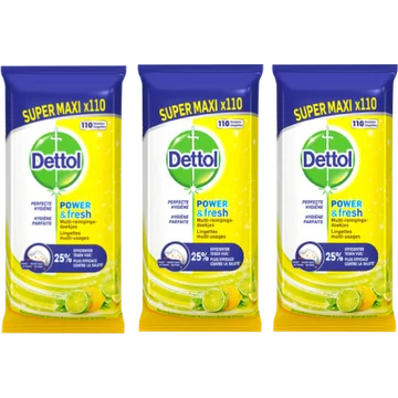 Dettol Power & Fresh Multi-Reinigingsdoekjes Sprankelende Citroen & Limoen Super Maxi 3 x 110 Stuks