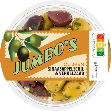 Jumbo's Olijven Sinaasappelschil & Venkelzaad 130 g