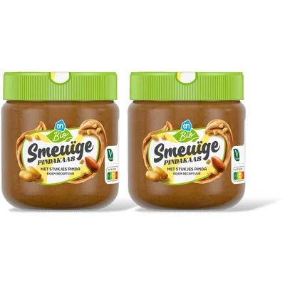 AH Biologisch Smeuige pindakaas met stukjes pinda 2 pk