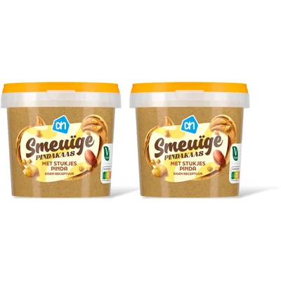 AH Smeuige pindakaas met stukjes pinda 2-pk