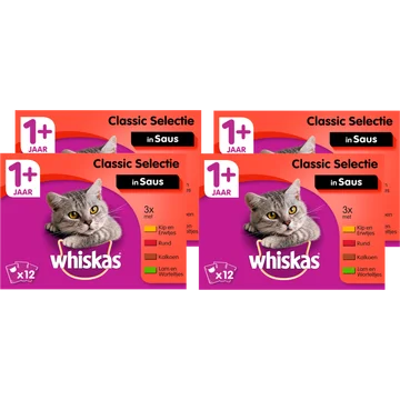 Whiskas 1+ Natvoer - Classic - Selectie in saus - maaltijdzakjes 4 x 12 x 85 g