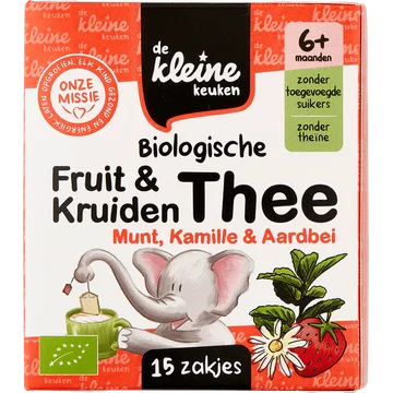 De Kleine Keuken Biologische Fruit & Kruidenthee Munt, Kamille & Aardbei 6+ Maanden 15 Zakjes 19,5 g