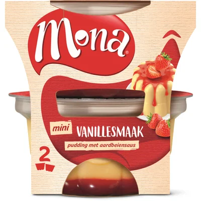 Mona Pudding vanille met aardbeiensaus duo
